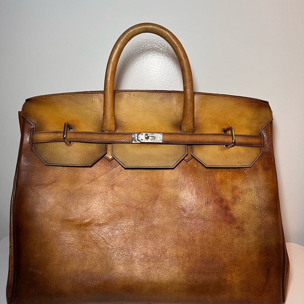 Jumbo Birkin Inspired Vegan Leather Bag in Caramel Brown with Silver Hardware
